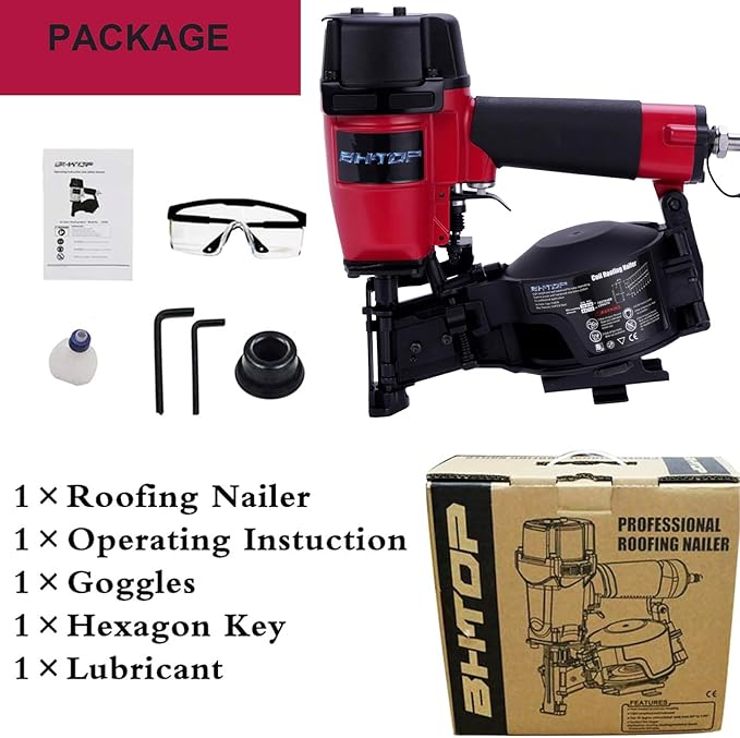 BHTOP CN45N Roofing Nailer, 15 Degree Roofing Nail Gun, 3/4-Inch to 1-3/4-Inch Coil Nails, 120-pcs Load Capacity Coil Nailer in Red