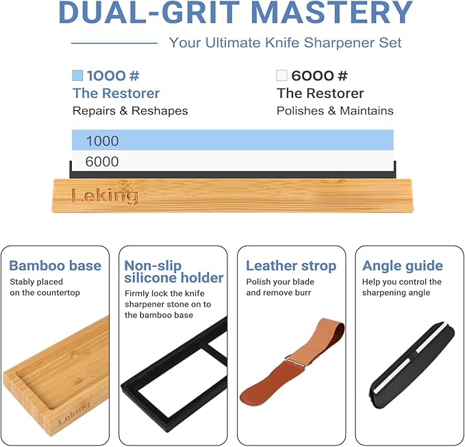 Leking Professional Knife Sharpener & Sharpening Stone Set: 1000/6000 Grit Dual-Sided Whetstone(7"x2.4"x1.2") with Bamboo Base, Non-Slip Silicone Holder, Angle Guide & Leather Strop Kit