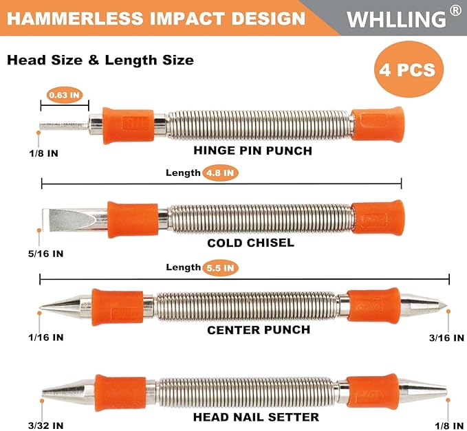 4 Pieces Dual Head Nail Setter, Dual Head Center Punch, Door Hinge Pin Removal Tool and Cold Chisel, Spring Nail Set, Spring Loaded Punch（1/8-in, 3/32-in, 3/16-in, 1/16-in, 5/16-in, 1/8-in）