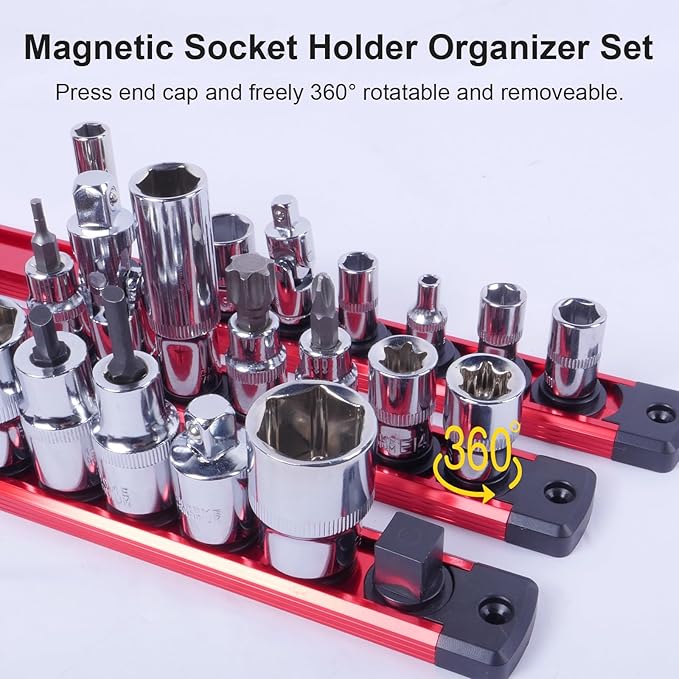 Magnetic Socket Holder Organizer Set:1/4-Inch Drive Socket Trays Socket, 360째 Swivel 14 Clips Socket Holder Kit, For Automotive Mechanic Garage (Red)