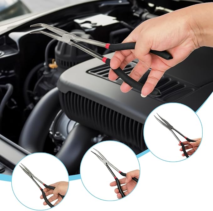 4-Piece 11" Precision Long Nose Pliers Set with Insulated Comfort Grip Handles,Straight Long Needle Nose Pliers,25/45/90 Degree Angle Curved Pliers for Wire Bending,Shaping,Trimming