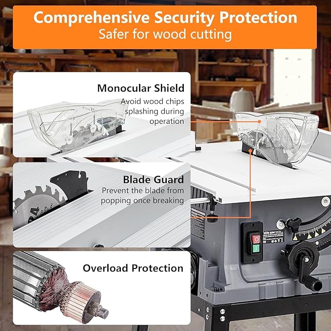 Table Saw 10 Inch, Portable Benchtop Table Saw, Stand & Push Stick, 5000RPM, Adjustable Blade Height, with Port for Connecting Dust Collector, 90°Cross Cut & 0-45°Bevel Cut
