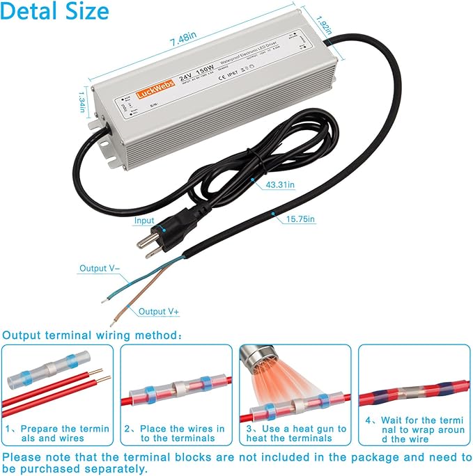 LED Driver 24V150W Waterproof Power Supply AC 90-130V to DC 24V6.25A Switching Power Supply IP67 Rated Driver Suitable for Indoor Outdoor 24V Series LED Strip Lights and String Lights