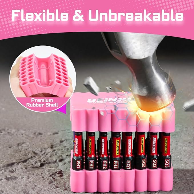 Impact Screwdriver Bits Set, 33 Pieces 2?쒶ulti Head Magnetic S2 Steel Driver Bits PH/SQ/Torx/Slotted/Hex/Security Torx With Pink Soft Base