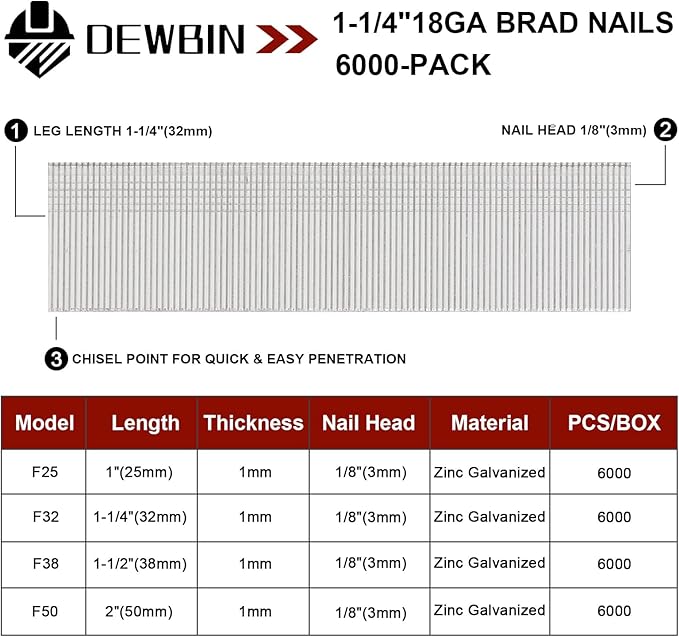 18 Gauge Brad Nails, 6000 Counts 1-1/4-inch 18 GA Brad Nails, Galvanized Nails for Nail Gun, Finishing Nail Gun Nails for Pneumatic, Electric Brad Nailer Gun