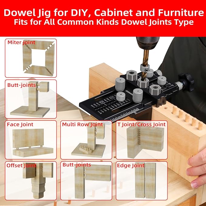 Dowel Jig Kit with Quick Positive Stop and Clamp, Adjustable Doweling Jig for Drill 1/4, 3/8 and 1/2 Inch Accurate Straight Dowel Holes, Fit Any Thickness Wood Joints, for Cabinet, Furniture