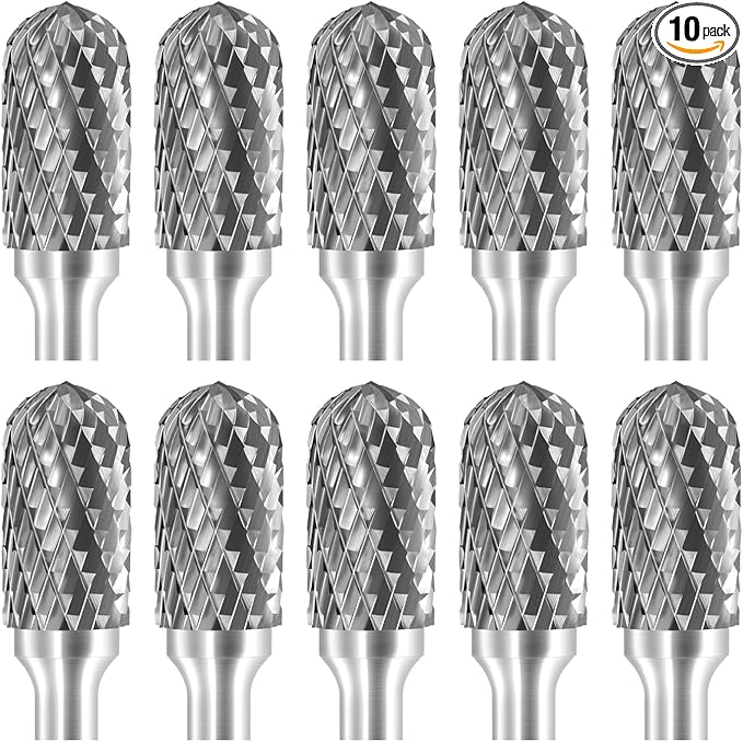 SC-5 Tungsten Carbide Burr Rotary File Cylindrical Shape with Radius End Double Cut with 1/4''Shank for Die Grinder Drill Bit - 10Pcs