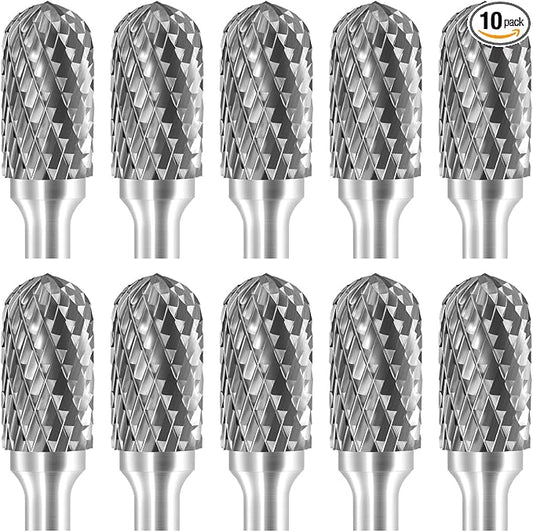 SC-5 Tungsten Carbide Burr Rotary File Cylindrical Shape with Radius End Double Cut with 1/4''Shank for Die Grinder Drill Bit - 10Pcs