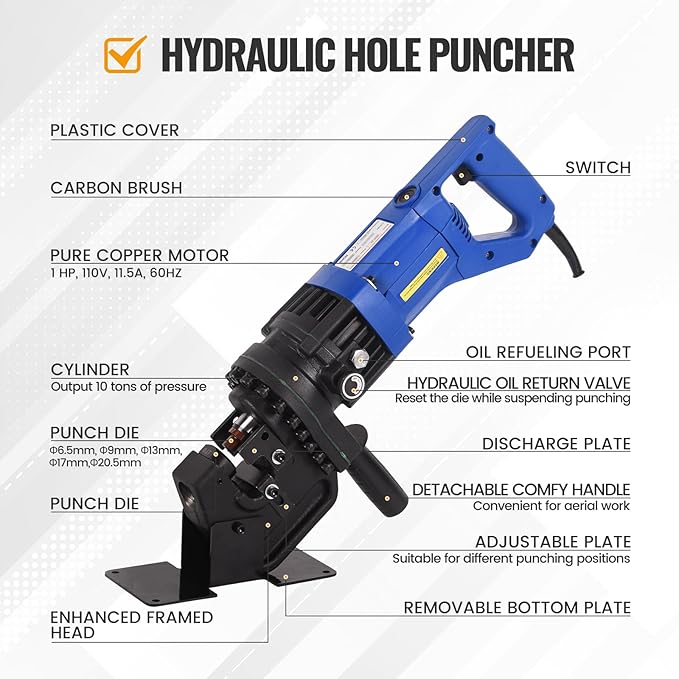 1200W Electric Hydraulic Hole Puncher,1HP Steel Punching Machine 過1/4"-4/5",Hole Digger Hydraulic Punch with Carbon Brush 5 Dies for Steel Iron Aluminum Plate,Copper,Angle Steel,110V