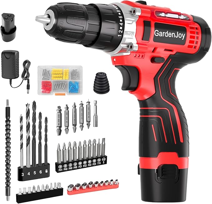 12V Cordless Drill Kit, Red, 2 Batteries & Fast Charger Included, Lightweight, 2-Speed Control, 3/8" Keyless Chuck, 24+1 Torque, LED Light for DIY Wood/Metal