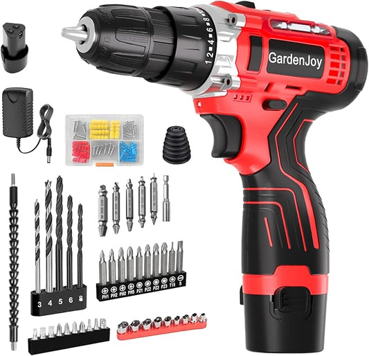 12V Cordless Drill Kit, Red, 2 Batteries & Fast Charger Included, Lightweight, 2-Speed Control, 3/8" Keyless Chuck, 24+1 Torque, LED Light for DIY Wood/Metal
