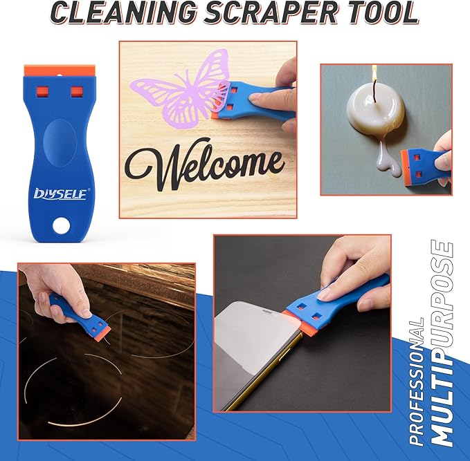 DIYSELF 2 Pack Plastic Razor Blade Scraper, Extra 100Pcs Plastic Razor Blades Refills, Plastic Scraper Tool, Razor Scraper Tool, Blade Scraper Tool for Removing Vinyl, Decals, Stickers, Labels, Glue