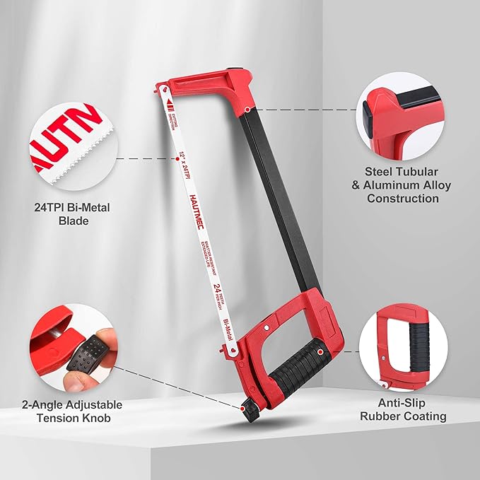 HAUTMEC 12-Inch Adjustable Tension Hacksaw with Blade Storage, 45°/90° Cutting Angles, High Tension Steel Frame & 24 TPI Bi-Metal Blade for Metal, PVC, Wood – HT0015