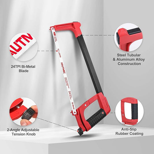 HAUTMEC 12-Inch Adjustable Tension Hacksaw with Blade Storage, 45°/90° Cutting Angles, High Tension Steel Frame & 24 TPI Bi-Metal Blade for Metal, PVC, Wood – HT0015