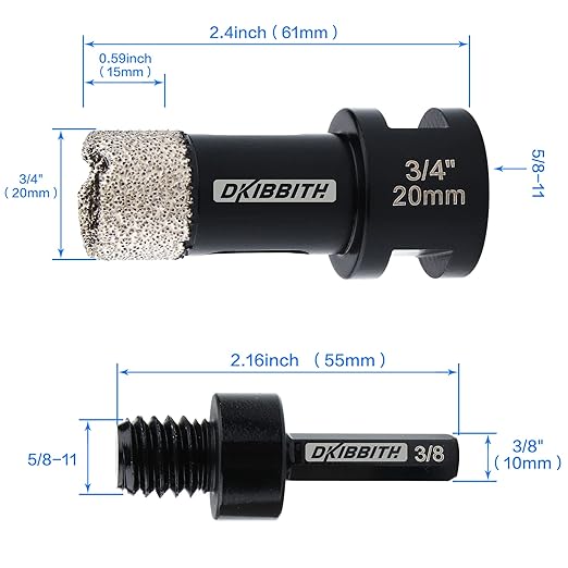 DKIBBITH Dry Diamond Core Drill Bits 3/4 Inch Tile 20mm Vacuum Brazed Angle Grinder Hole Saw for Porcelain Ceramic Granite Brick Concrete with 5/8-11 Thread to 3/8'' Hex Shank Adapter, Black