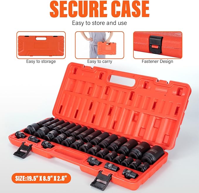 Hex Bit Socket Set 1/2 Drive,35 PCS Axle Nut Socket,Metric Shallow(8mm-32mm) & Deep(10-32 mm) Standard Sizes,CR-MO Alloy Steel for Auto Repair