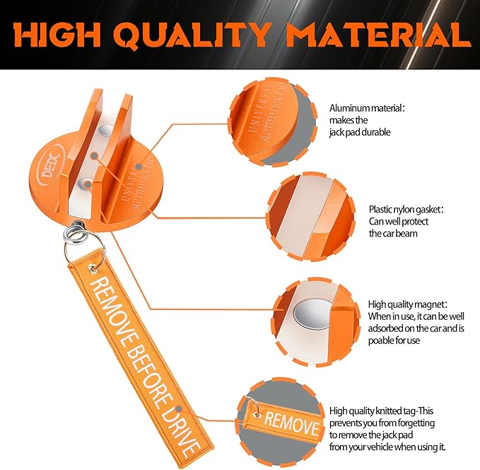 DEDC Universal Aluminum Grooved Magnetic Jack Pad 4 Pcs, Jack Pinch Weld Adapter, Frame Rail Protector with 4 Reminder Streamers, Tools for Mechanics, Garage Accessories for Men