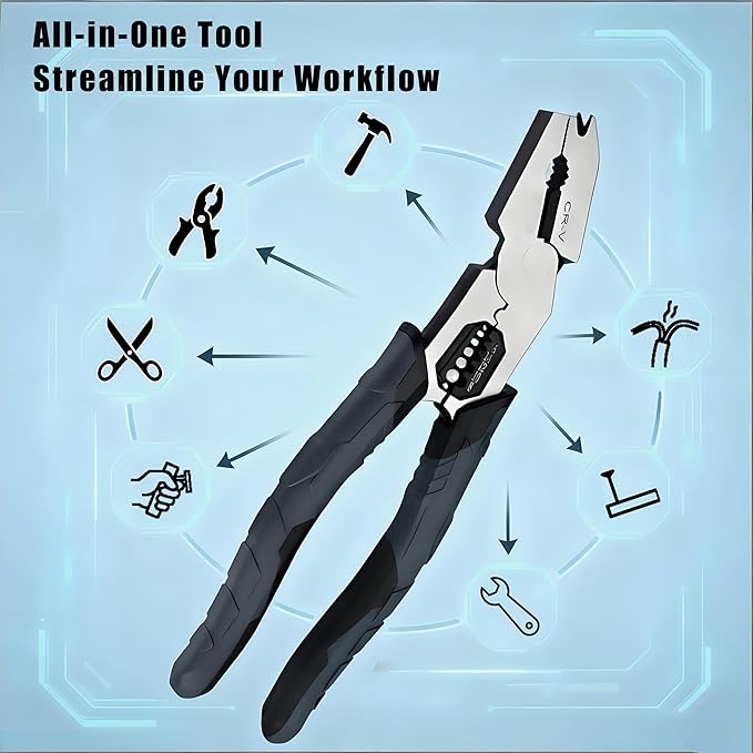 Industrial-Grade Multi-Function Cutting Pliers, 9-in-1 Heavy Duty Wire Cutter & Stripper with Crimper, Nail Puller, Compound Action Tool for Electricians & DIY (1)