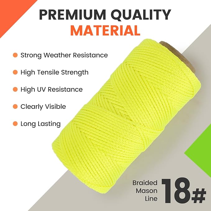 MERIANE Mason Line, 250 Ft #18 Braided Nylon String Twine, Premium String for Masonry Jobs, Construction, Gardening, Net Making and Mending, DIY Projects, Fluorescent Yellow