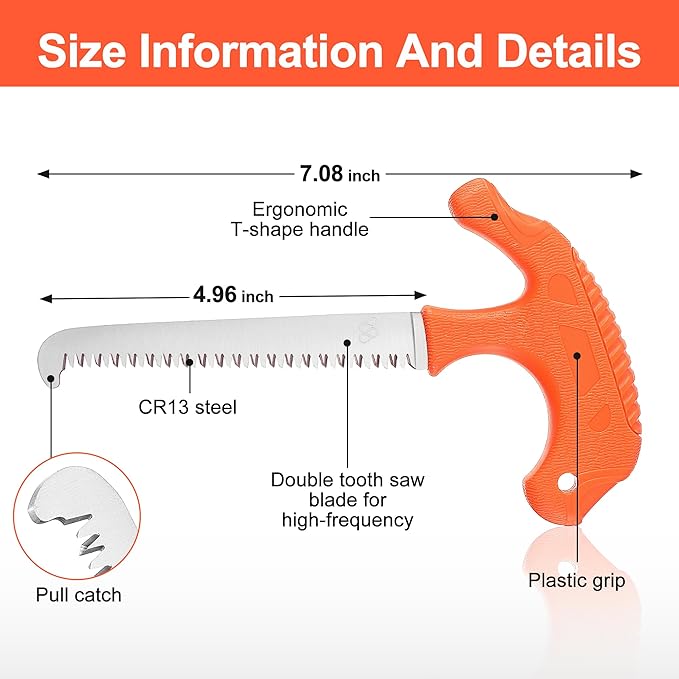 Hunting Bone Saw, 4.96 Inch CR13 Stainless Steel Sawtooth Blade, Ergonomic T Non Slip Handle, Compact Meat Saw for Camping, Hunting, Outdoor Processing and Hiking with Sheath