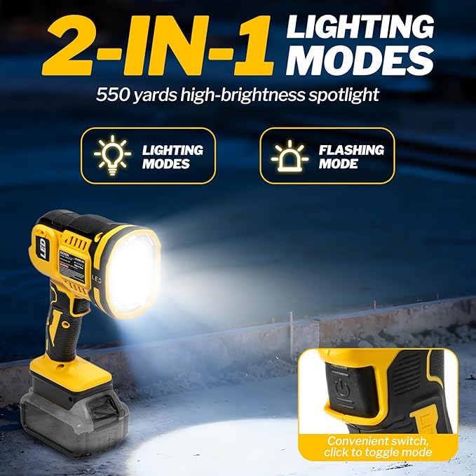 Cordless LED work light compatible with DeWalt 20V MAX Battery, 1500LM Handheld Spotlight with 550 Yard Distance, Flashing mode and Pivoting Head for Workshop, Camping, Jobsites (Battery Not Included)