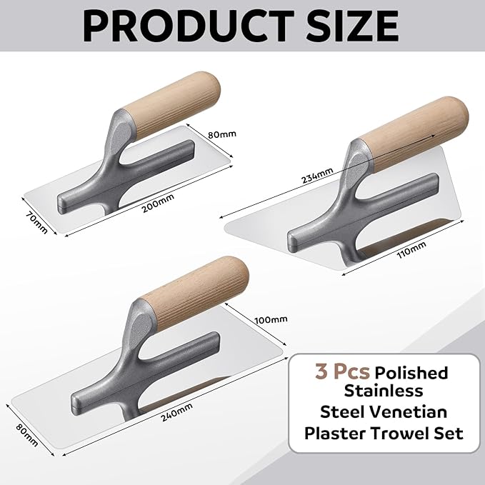 Lasnten 3 Pcs Venetian Plaster Trowel Set Polished Stainless Steel Art Paint Plastering Finishing Hand Tools Concrete Drywall Trapezoid Finishing Trowel Plaster Tools with Wooden Handle, 3 Sizes