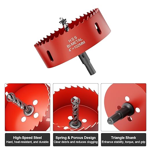 4" (102mm) Bi-Metal M42 High Speed Steel Hole Saw with Pilot Drill Bit, Smooth Cutting Edge for PVC, Drywall, Wood, Plastic, Gypsum Board, Rubber, Thin Metal