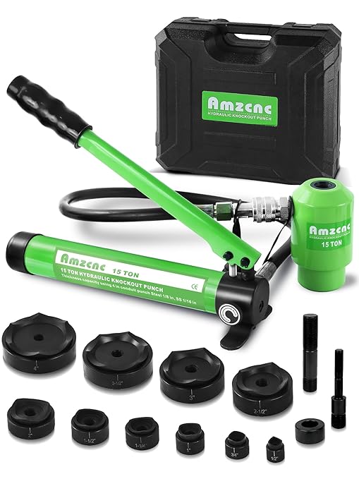 AMZCNC 15 Ton 1/2 Inch to 4 Inch Hydraulic Knockout Punch Driver Tool Kit with 10 Dies Hole Complete Tool Electrical Conduit Hole Cutter Set (15T竊?/2"~4"竊?