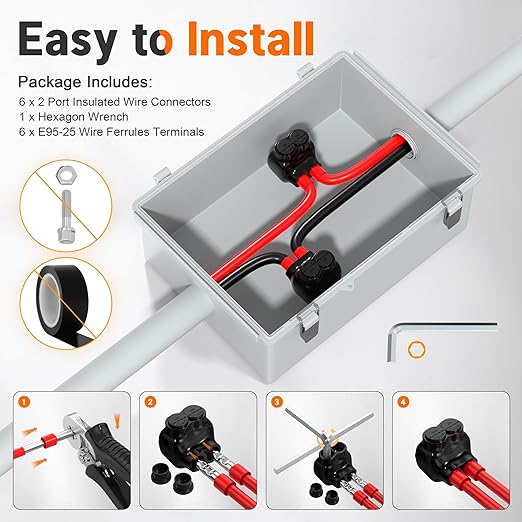 Joinfworld 2 Port Insulated Multi Tap Connector 250MCM-6 Gauge Wire Connectors Single Side Entry Aluminum to Copper Wire Connectors UL Listed with Slotted Allen Hex - 6 Pack
