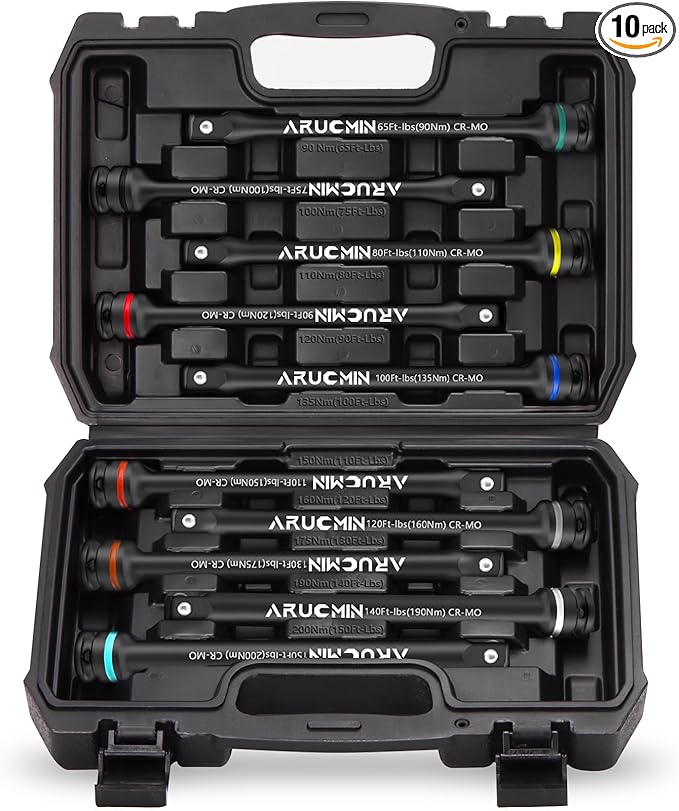 1/2" Drive Torque Limiting Extension Bar Set, 10-Piece Lug Nut Torque Stick Set With 8 Inch Color-Coded 65 to 150 Ft-Lbs Torque Sticks