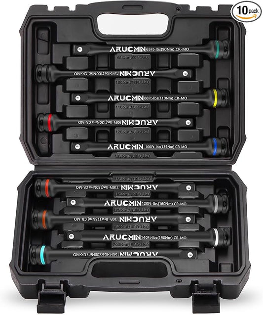 1/2" Drive Torque Limiting Extension Bar Set, 10-Piece Lug Nut Torque Stick Set With 8 Inch Color-Coded 65 to 150 Ft-Lbs Torque Sticks