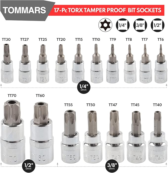TOMMARS 60-Pc Master Torx Bit Socket and External Socket Set 1/4", 3/8", 1/2" Drive, S2 Steel Bits, CRV Sockets E4-E24, T6-T70,TT6-TT70,TP8-TP60