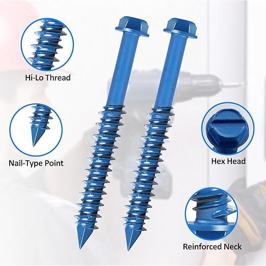 100PCS Concrete Screws Assortment Kit, 1/4" x 2-3/4" Masonry Screws with Drill Bit and Driver Bit, Hex Head Cement Screws and Anchor, Diamond Point, Self Tapping Concrete Brick or Stucco, Blue Coated