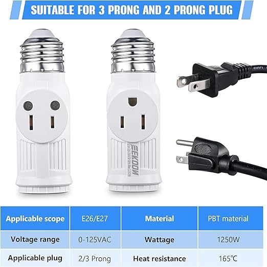 Feekoon 3 Pcs Light Socket to Plug Adapter, Convert E26 Light Socket to 3 Prong Outlet Adapter, Screw in Outlet for Lamp Sockets for Garage Porch (White)