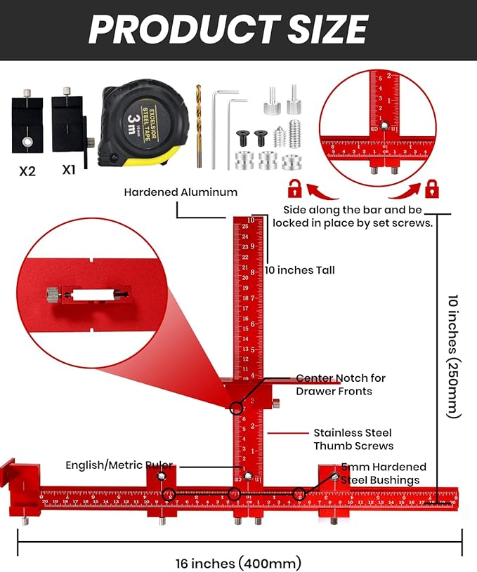 New Cabinet Hardware Jig Tool Set - Aluminum Alloy Cabinet Handle Jig ??with Automatic Center Punch,Adjustable Drill Guide Cabinet Handle Template Tool of Door Drawer Front Handles and Pulls - Red