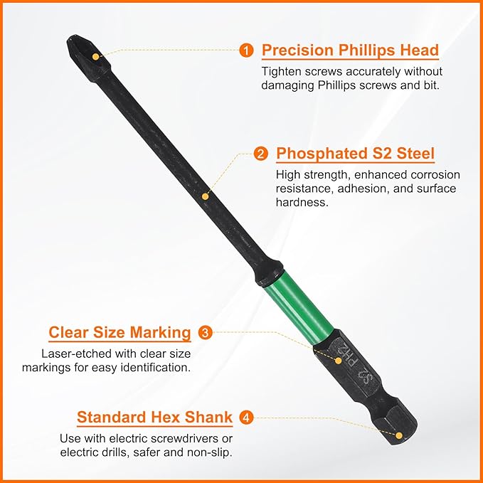 HARFINGTON 3pcs #2 Impact Phillips Screwdriver Bit PH2 1/4" Hex Shank 4" (100mm) Long 0.14" Rod Magnetic Cross Head Drill Bits S2 Steel Industrial Screw Driver for Impact Power Drivers