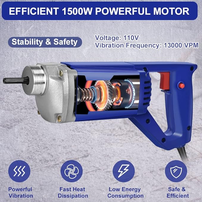 Seeutek Handheld Concrete Vibrating Tool - 1500W 6.6ft Electric Concrete Vibrator, 13000VPM Portable Pencil Cement Vibrator for Remove Air Bubble and Mix Concrete, Easy to Use