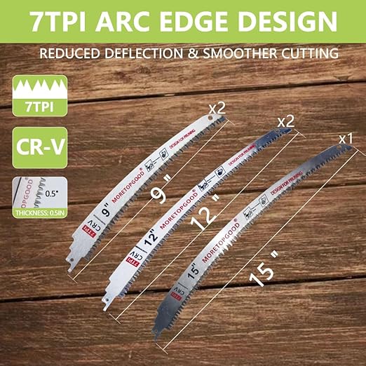9"/12"/15" Arc Edge Reciprocating Saw Blade, 7TPI Japanese Teeth with Curved Edge Wood Pruning Saw Blades for Tree Trimming, Wood Cutting (5 Pack)
