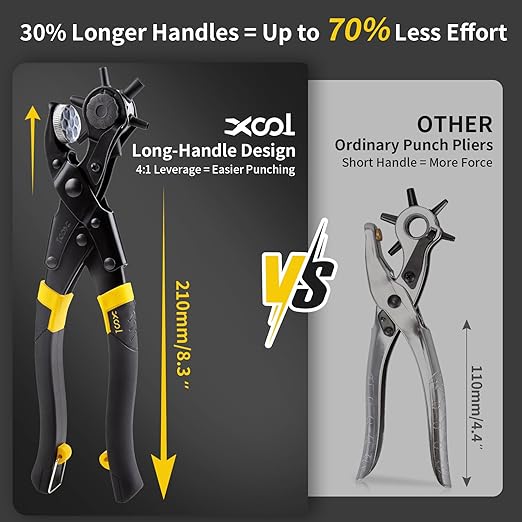 XOOL Round & Oval Leather Hole Punch Set, Upgraded Long Handle Revolving Punch Plier Kit for Belts, Watch Bands, Straps, Dog Collars, Saddles, Shoes, Fabric, DIY Home & Leather Craft Project