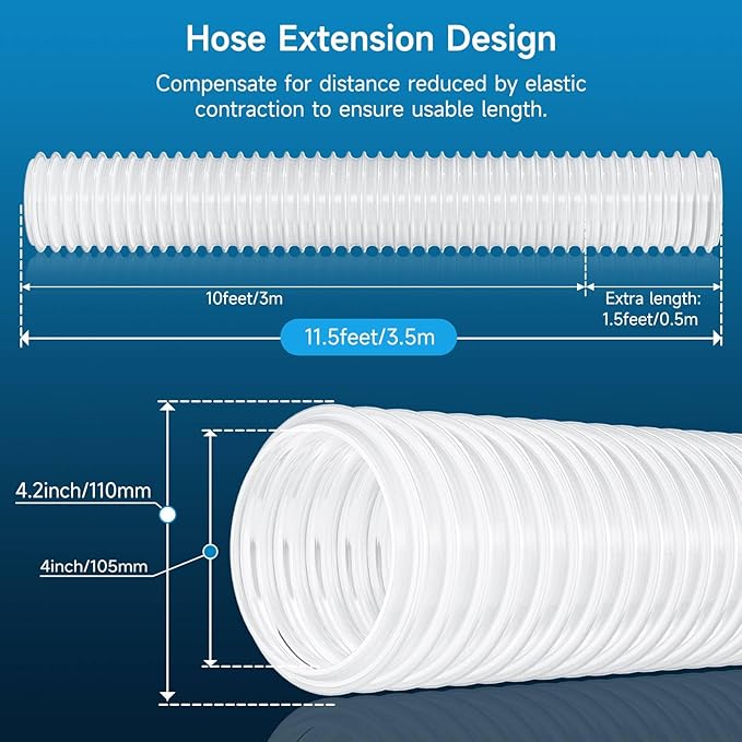 Hon&Guan 4" x 10' Dust Collection Hose, 4 Inch Dust Collector Hose for Woodworking Dust Collecting System, Flexible Clear PVC Dust Hoses with Carbon Steel Wire