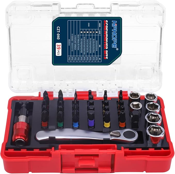 HPHOPE 39-Piece Screwdriver Bit and Ratchet Set – PH, PZ, Hex, SL, TT, Torx Bits – Accessories for Cordless Screwdrivers, Drills Drivers and Screwdrivers