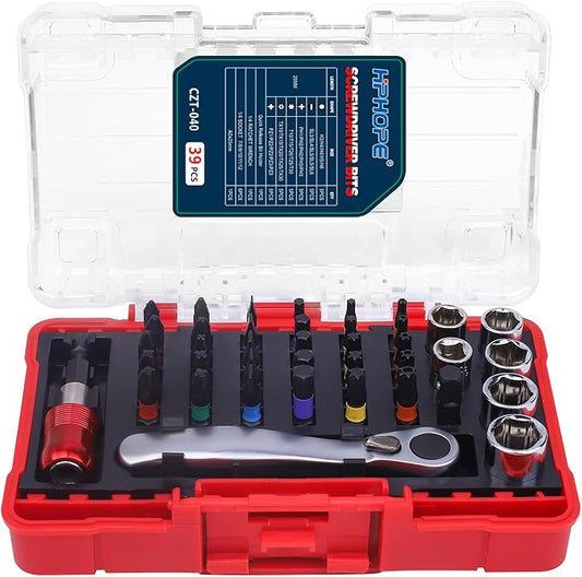 HPHOPE 39-Piece Screwdriver Bit and Ratchet Set – PH, PZ, Hex, SL, TT, Torx Bits – Accessories for Cordless Screwdrivers, Drills Drivers and Screwdrivers