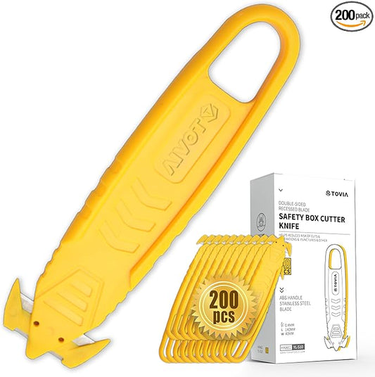 200 Pcs Safety Knife Box Cutter T TOVIA Utility Cutter and Package Opener with Recessed Concealed Stainless Steel Blade for Household, Warehouse, Workshop