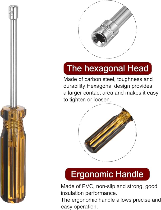 HARFINGTON Metric Hex Nut Screwdriver 4mm Carbon Steel Ergonomic PVC Grip Non-Magnetic Socket Wrench Screwdriver Hand Tool for Automotive Maintenance Home Improvement.