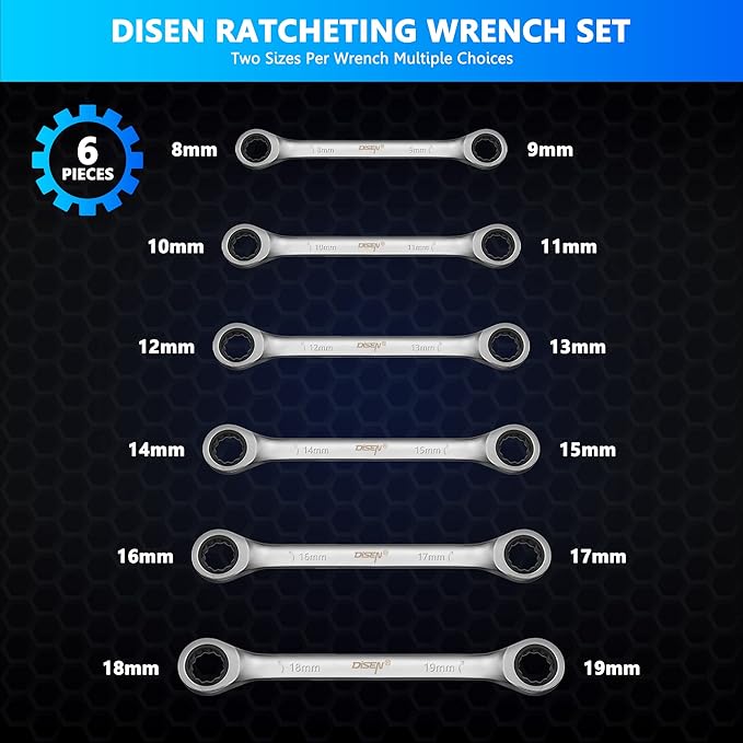 DISEN Double Box End Ratcheting Wrench Set Metric 6-Piece, 8mm-19mm, 72-Tooth Ratchet Wrench Box End with Rolling Pouch, Chrome Vanadium Steel