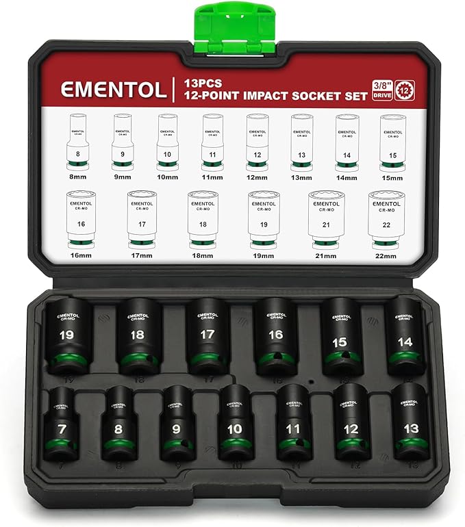 EMENTOL 3/8" Drive Impact Socket Set, Semi-Deep Sockets, 13 Pieces, Metric (7-19mm), 12 Point, CR-MO, Stamped and ink filled