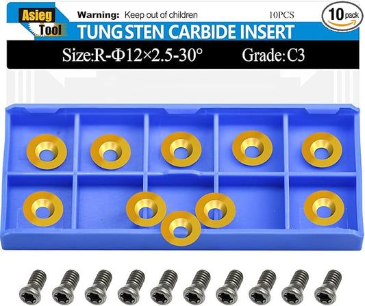 Asieg Tool Ci3 R1 TIN 12mm Round Carbide Inserts Cutters Knifes Titanium plating Indexable Replacement High Strength Fits For Popular DIY Woodworking Lathe Wood Turning Finisher Hollower Tools 10pc