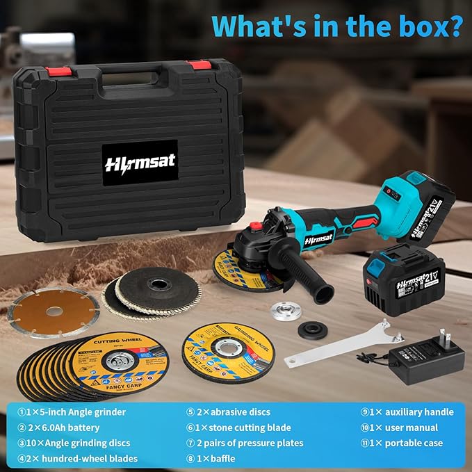 Cordless Angle Grinder 5-Inch,21V Brushless Power Grinder Tool with 2x6.0Ah Battery & Charger,10000RPM Variable Speed Amoladora Angular,Esmeriladora for Metal Cutting,Grinding,Polishing