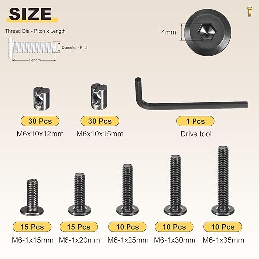METALLIXITY Furniture Crib Screws Replacement Set with Wrench(M6-1x15/20/25/30/35mm) 120Pcs, Connector Bolt M6 Screw Barrel Nuts Binding Screws, for Chair Cabinet Bed, Black