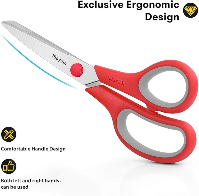 Scissors, iBayam 8" All Purpose Scissors Bulk 3-Pack, Ultra Sharp 2.5mm Thick Blade Shears Comfort-Grip for Office Desk Accessories Sewing Fabric Home Craft School Supplies, Right/Left Handed